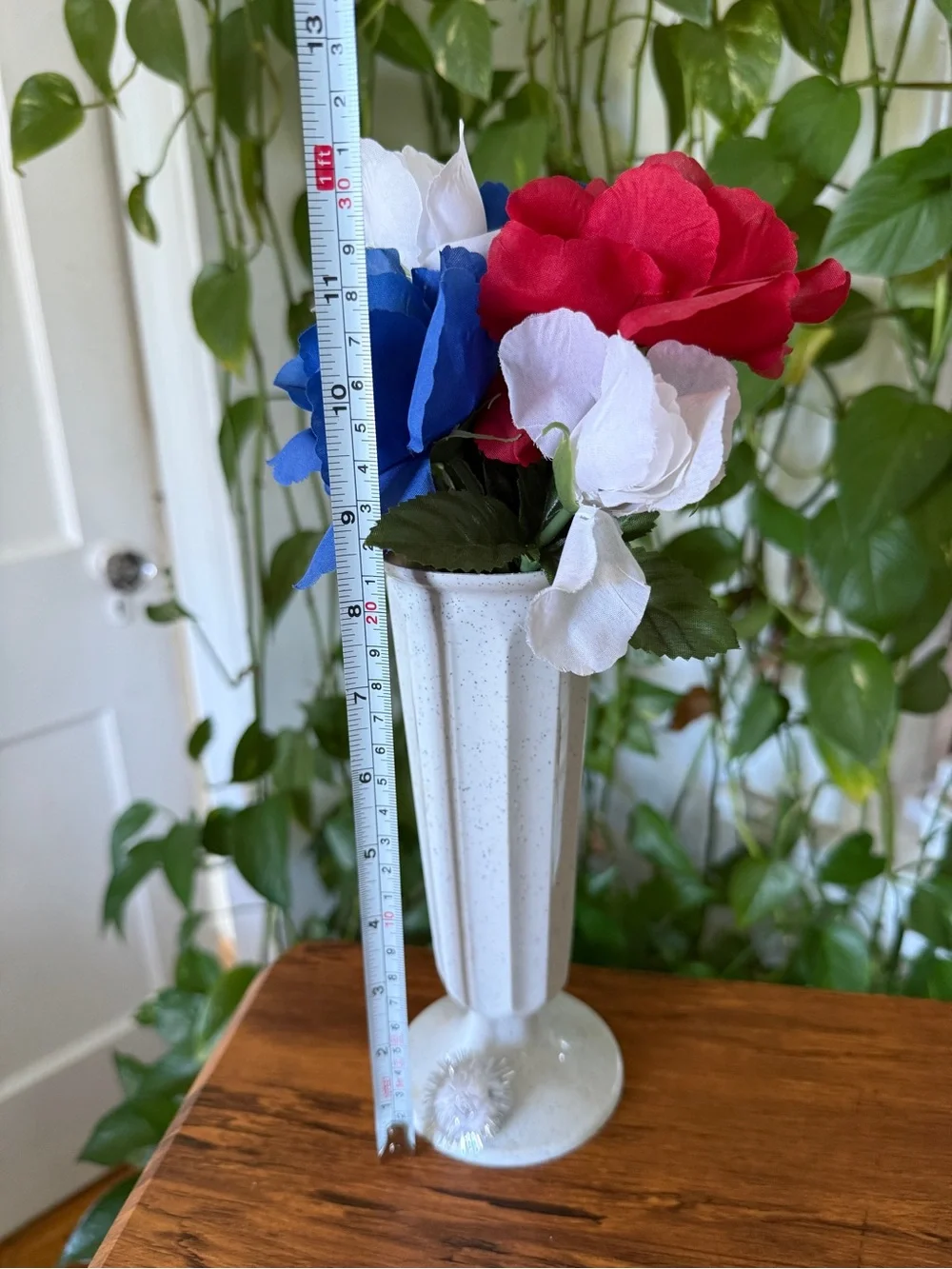 White Ceramic Bud plastic Vase with Red, Blue and White Artificial Flowers